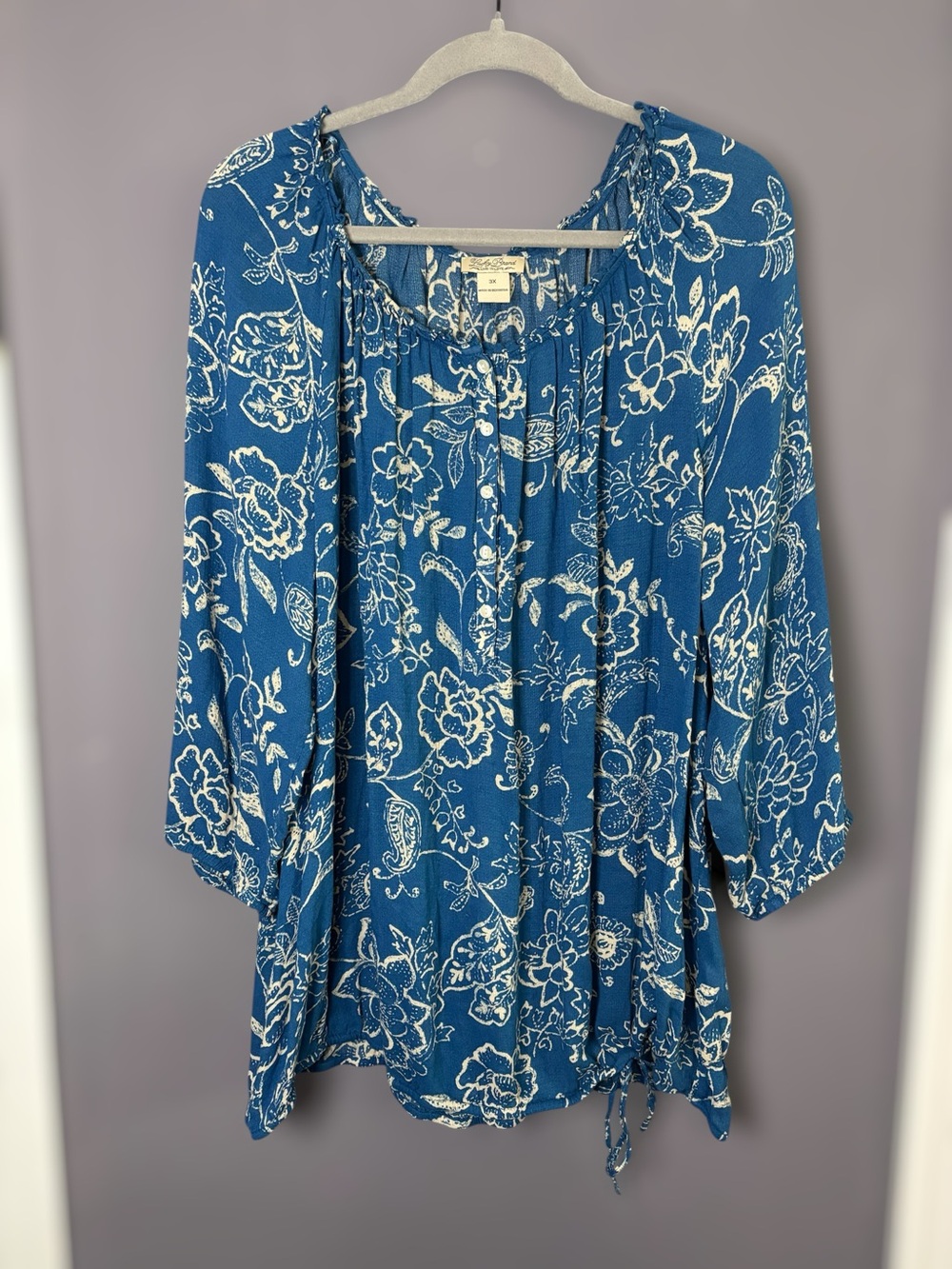 Lucky Brand Blue Floral Peasant Blouse Drawstring Hem 3X